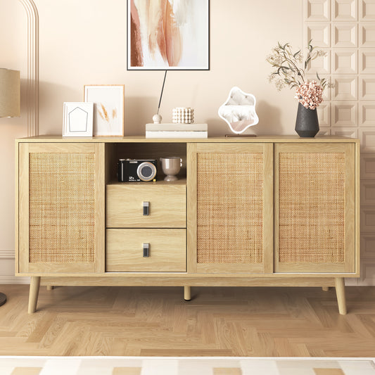 Bamboekast – Opbergkast – Ladekast – Kast – Boekenkast – Vloerstaande Kast – 3 Schuifdeuren – 2 Lades – Duurzaam Bamboe – Ruime Opbergruimte 155x38x80 cm
