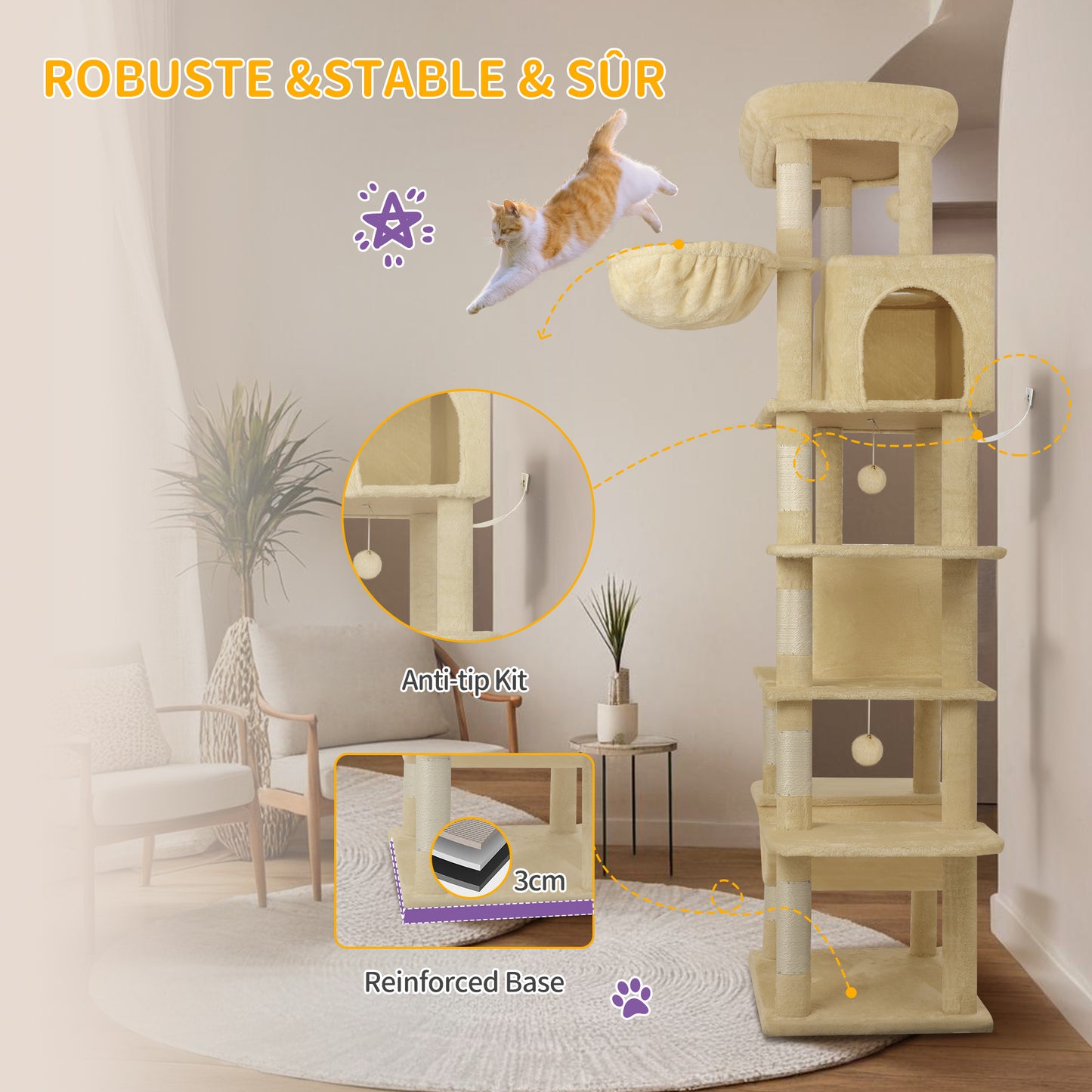Krabpaal – Kattenkrabpaal – Kattenboom – Kattenhuis – Kattentoren – 210 cm Hoogte – Groot Platform 60x40 cm – Wasbare Mat – 8 Sisal Krabpalen – Geschikt Voor Grote Katten – Beige
