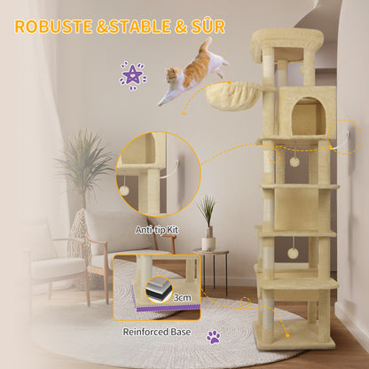 Krabpaal – Kattenkrabpaal – Kattenboom – Kattenhuis – Kattentoren – 210 cm Hoogte – Groot Platform 60x40 cm – Wasbare Mat – 8 Sisal Krabpalen – Geschikt Voor Grote Katten – Beige