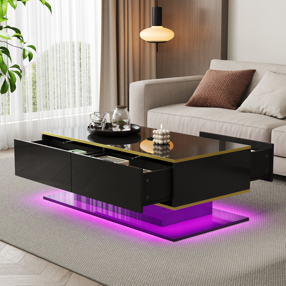 This Elegant and Minimalist Modern Coffee Table Features a High-gloss Finish, Is 100cm Long, Has Golden Trim, and Three Drawers for Storing Household Items and Books. Suitable for Kitchens, Living Rooms, and Bedrooms, It Come