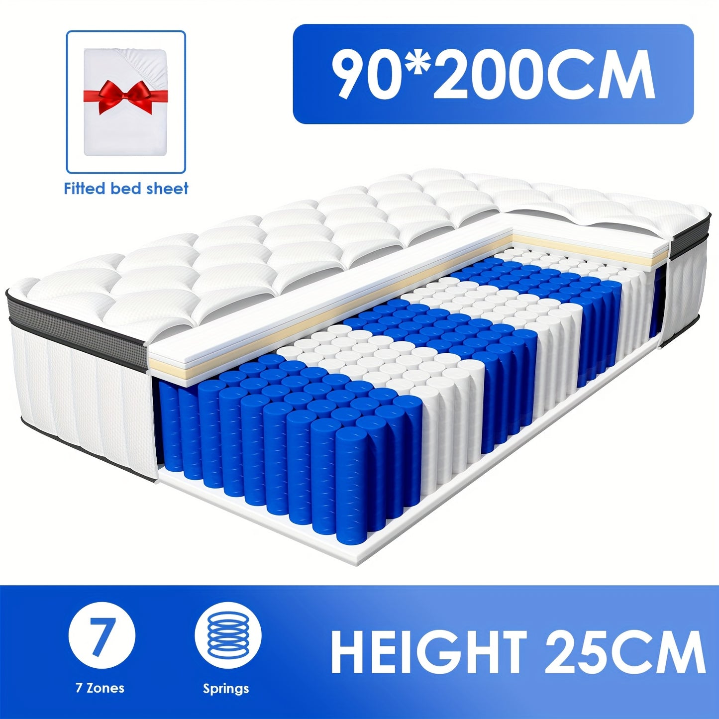 Authmic Mattress with 7-zone Firmness Levels H2 And H3, Individually Pocketed Spring Mattress with Memory Foam, Breathable And Ergonomically Designed Spring Core Mattress.