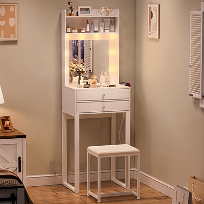 Make-uptafel – Kaptafel – Schminktisch – Make-up Desk – Make-up Bureau – Verlichte Spiegel – Glazen Bovenblad – Compact 55x40x152 cm – Wit