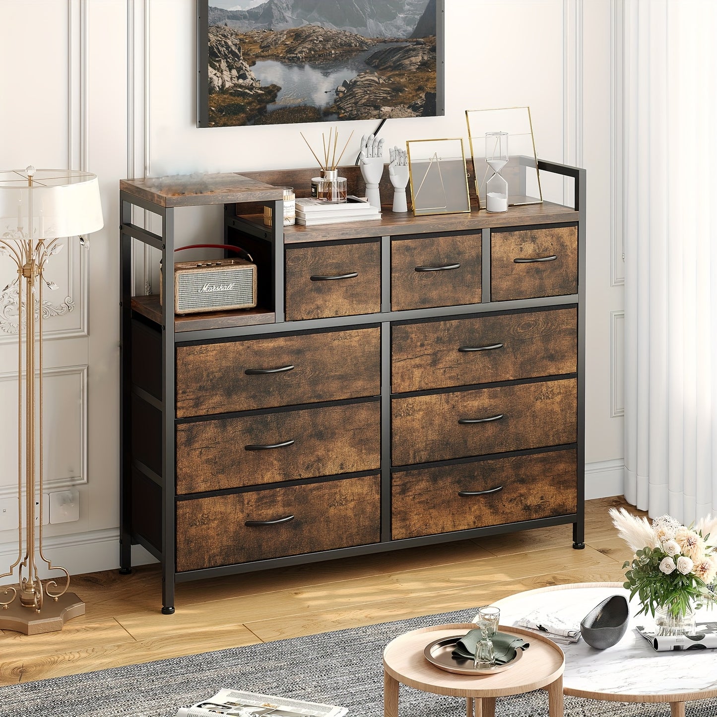 Ladekast 9 Lades – Ladekast Met Laden – Ladekast Opbergkast – Ladekast Kledingkast – Bruine Ladekast Rustiek – Stalen Frame Met Houten Bovenblad – 3,2 Kubieke Voet Opbergruimte