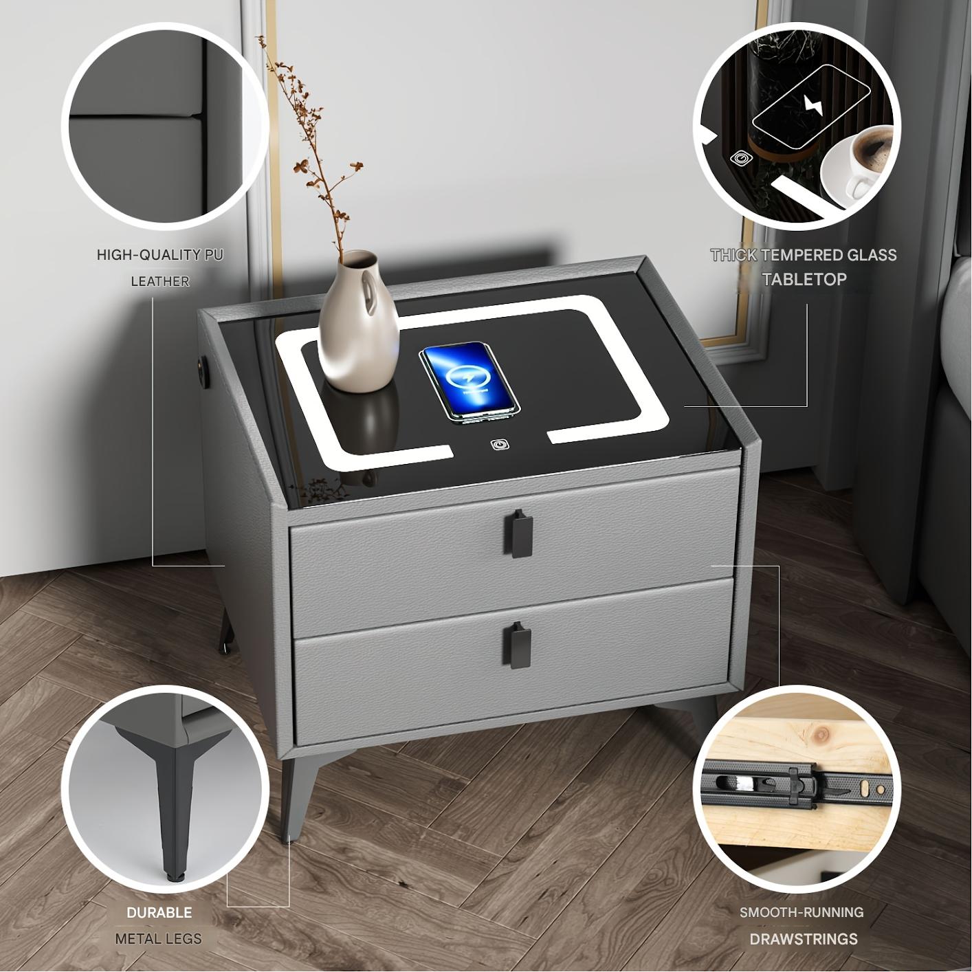 Slimme Nachtkast – Nachtkastje – Bijzettafel – Bedtafel – Opberglade – Draadloos Opladen – Instelbare LED-Verlichting – 2 Lade Model – Metaal & Geharde Glasplaat – Compact & Ruimtebesparend