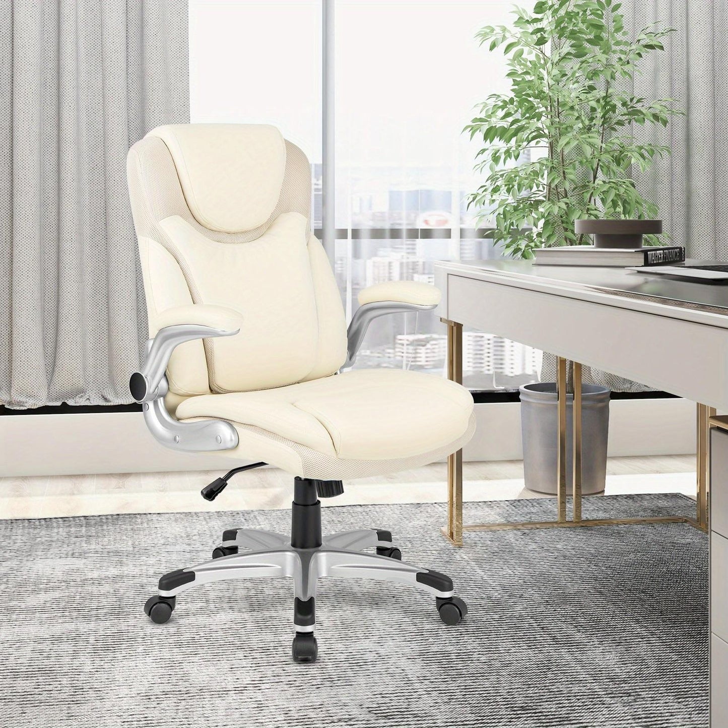 Ergonomische Bureaustoel – Kantoorstoel – Werkstoel – Comfortstoel – Bureaumeubelen – Beige – Kantelbare Rugleuning – Verstelbare Zithoogte 49-59 cm
