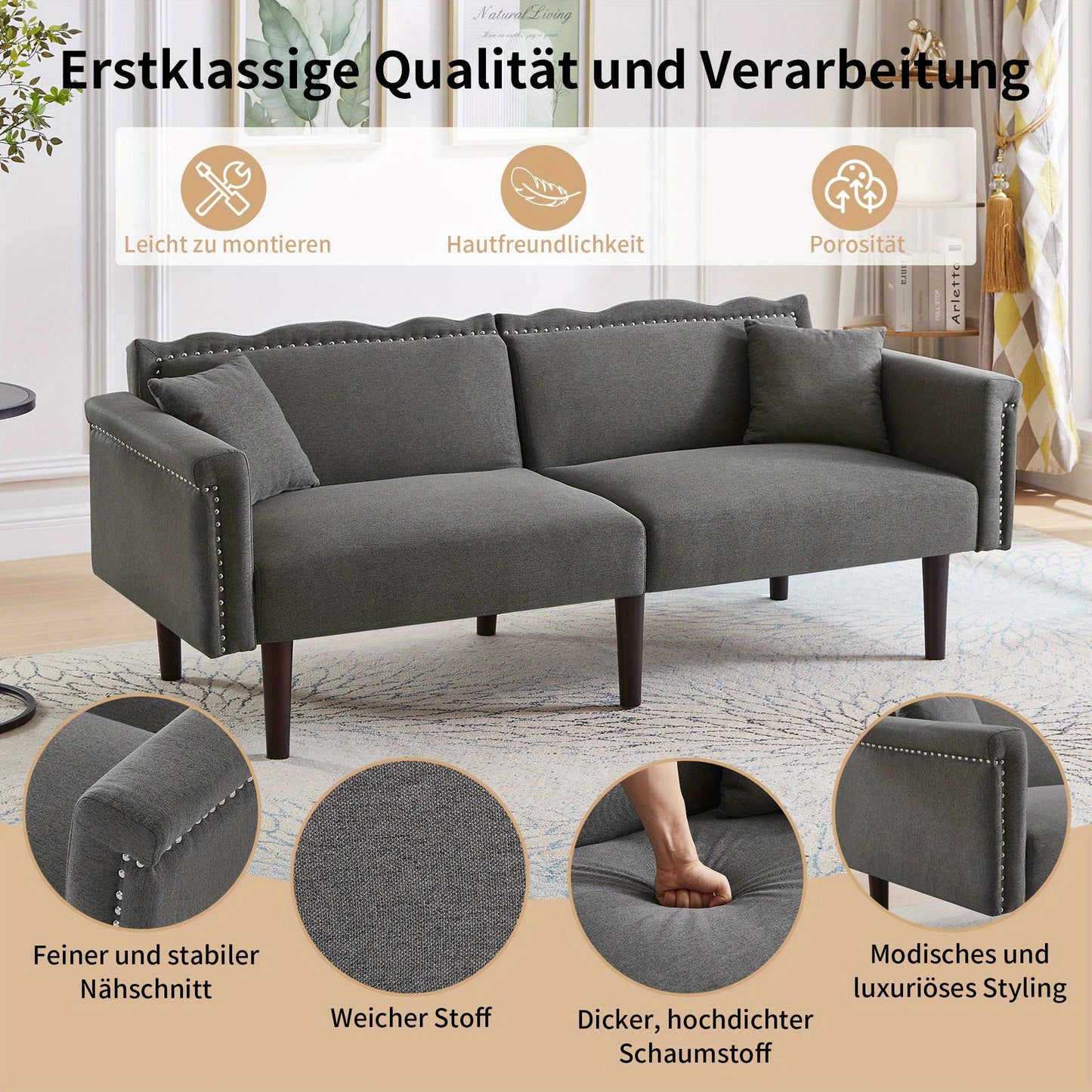 2-In-1 Bankbed – Slaapbank – Sofa Bed – Bedbank – Bank Sleeper – Verstelbare Rugleuningen – Houten Frame Donker Walnoot – Grijs – Comfortabel Schuim
