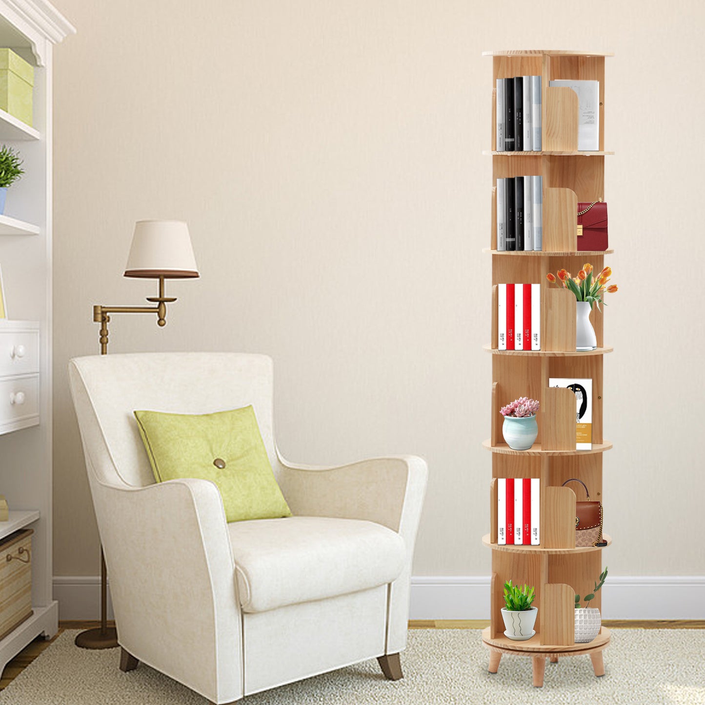 Boekenrek – Boekenkast – Boekenplank – Opbergkast – Wandrek – 6-laags Draaibaar – Massief Grenenhout – 360° Rotatie – Ruimtebesparend & Stevig