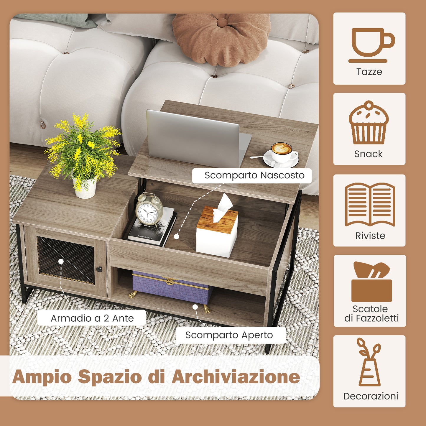 Salontafel – Coffee Table – Woonkamertafel – Tafel Met Hefblad – Verstelbare Tafel – Pneumatisch Hefmechaniek – Stil En Robuust Design – Compact 106x55x44,5 cm