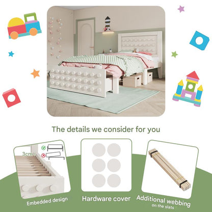 Eénpersoonsbed – Eenpersoonsbed – Kinderbed – Jongerenbed – Studentenkamerbed – Wit MDF Bedframe – Opbergruimte Onder Bed – Lattenbodem Zonder Boxspring – 90x190 cm