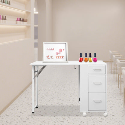 Manicure Tafel – Nageltafel – Nagelstudio Tafel – Nagelwerkbank – Opvouwbare Werkbank – Stevige Metalen Constructie – 3 Laden Met Wieltjes – Wit