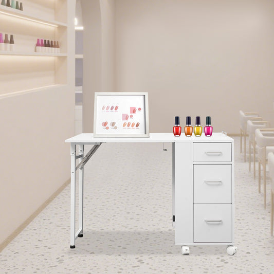 Manicure Tafel – Nageltafel – Nagelstudio Tafel – Nagelwerkbank – Opvouwbare Werkbank – Stevige Metalen Constructie – 3 Laden Met Wieltjes – Wit