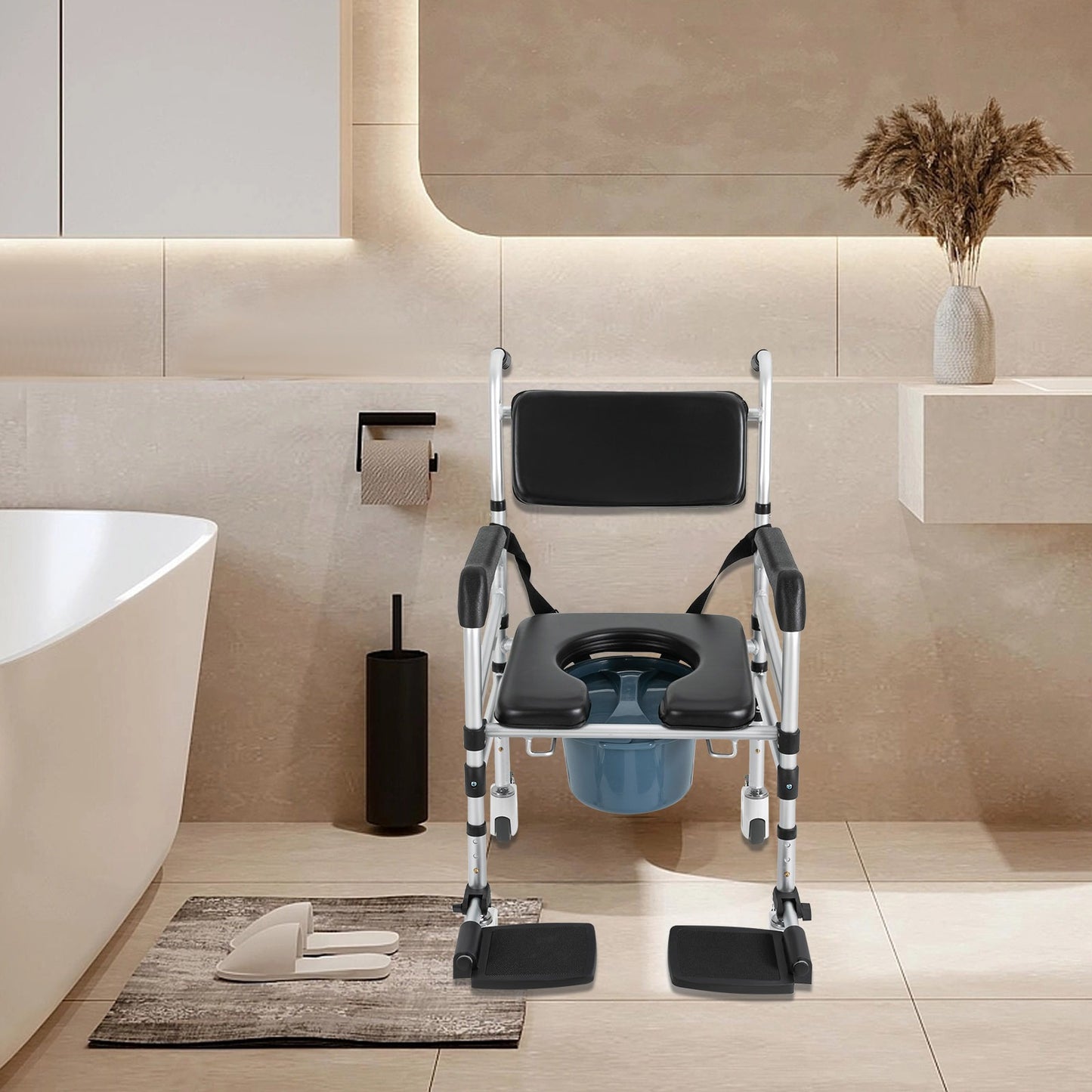 Douchekruk – Douchestoel – Badkruk – Douchezitje – Douche-/Toiletstoel – Verstelbaar In Hoogte – Met 4 Wielen Met Remmen – Met Bidet En Veiligheidsriem – Stevig Metalen Frame Tot 160 kg