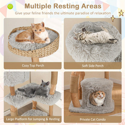 Krabpaal – Kattenboom – Kattenhuis – Kattentoren – Krabmeubel – Hout – 124 cm Hoog – Stevig Massief Houten Frame met Jute Krabpalen