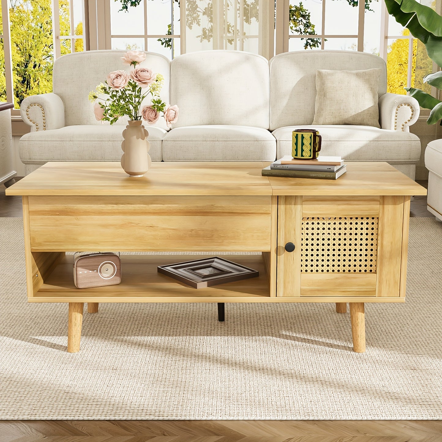 Salontafel – Koffietafel – Bijzettafel – Woonkamertafel – Tafeltje – Lift-Top Met Rieten Deuren – Massief Hout & Spaanplaat – Eenvoudige Montage