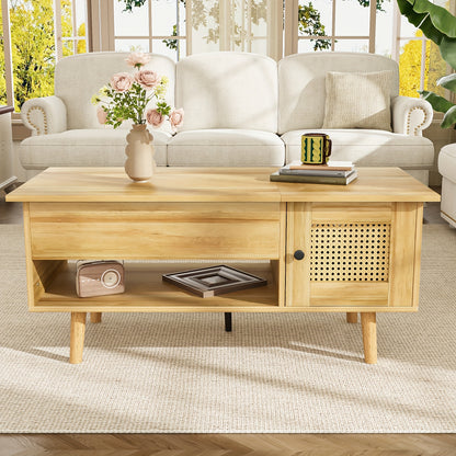 Salontafel – Koffietafel – Bijzettafel – Woonkamertafel – Tafeltje – Lift-Top Met Rieten Deuren – Massief Hout & Spaanplaat – Eenvoudige Montage