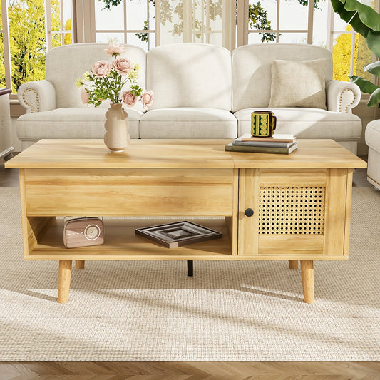 Salontafel – Koffietafel – Bijzettafel – Woonkamertafel – Tafeltje – Lift-Top Met Rieten Deuren – Massief Hout & Spaanplaat – Eenvoudige Montage