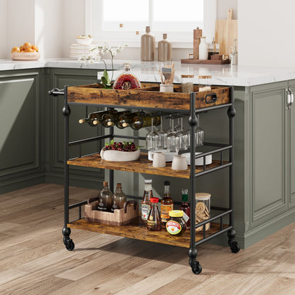 Mobiele Barwagen – Serveerwagen – Trolley – Wijnkar – Drinkkar – Retro Kleur – Hardhout – 4 Draaibare Wielen