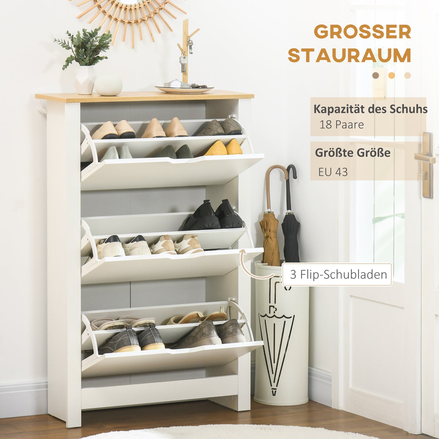 Schoenenkast – Schoenenrek – Schoenenopberger – Schoenenkastje – Schoenenmeubel – 3 Compartimenten – Wit Met Natuurlijke Houtkleur