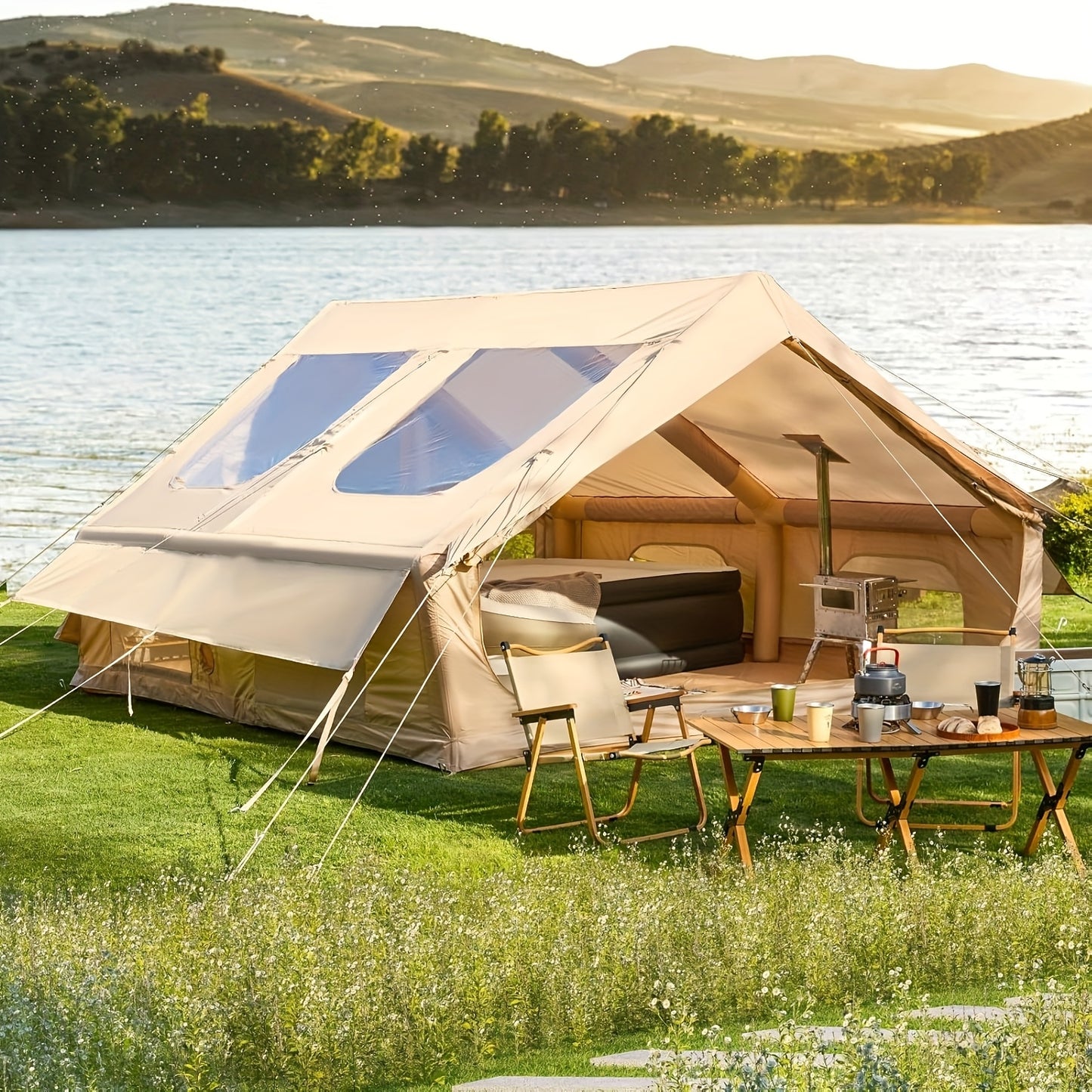 Tent – Kampeertent – Opblaasbare Tent – Familietent – Outdoor Tent – 10 Personen – 12 m² – Waterafstotend Oxford Polyester – Snelle Opzetbare Inflatable