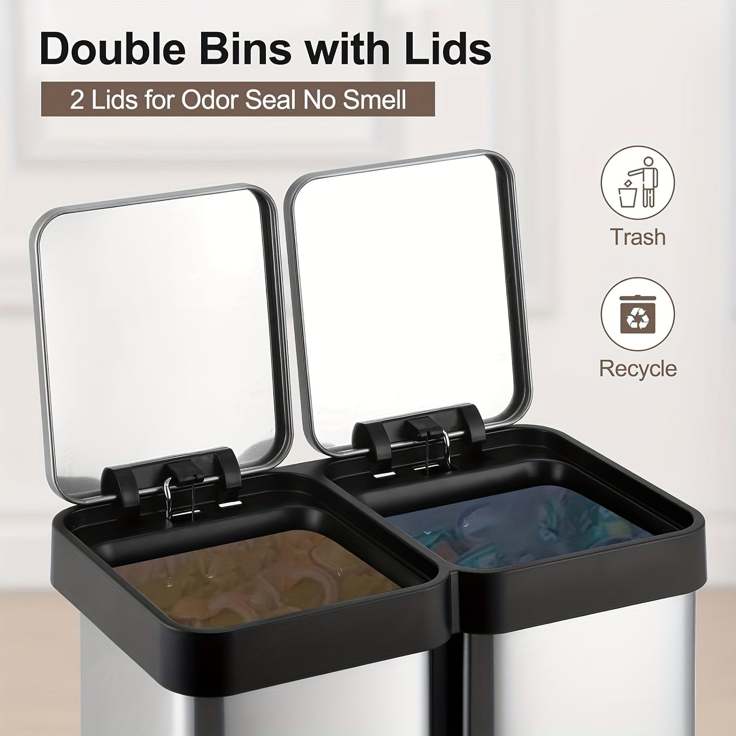 Afvalbak – Prullenbak – Vuilnisbak – Recyclingbak – Afvalemmer – 40L Dual Compartiment – Roestvrijstaal Vingerafdrukbestendig – Handsfree Voetpedaal