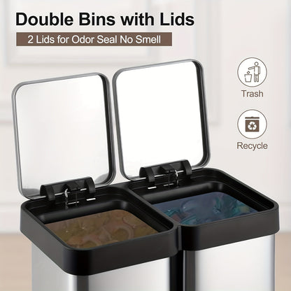 Afvalbak – Prullenbak – Vuilnisbak – Recyclingbak – Afvalemmer – 40L Dual Compartiment – Roestvrijstaal Vingerafdrukbestendig – Handsfree Voetpedaal