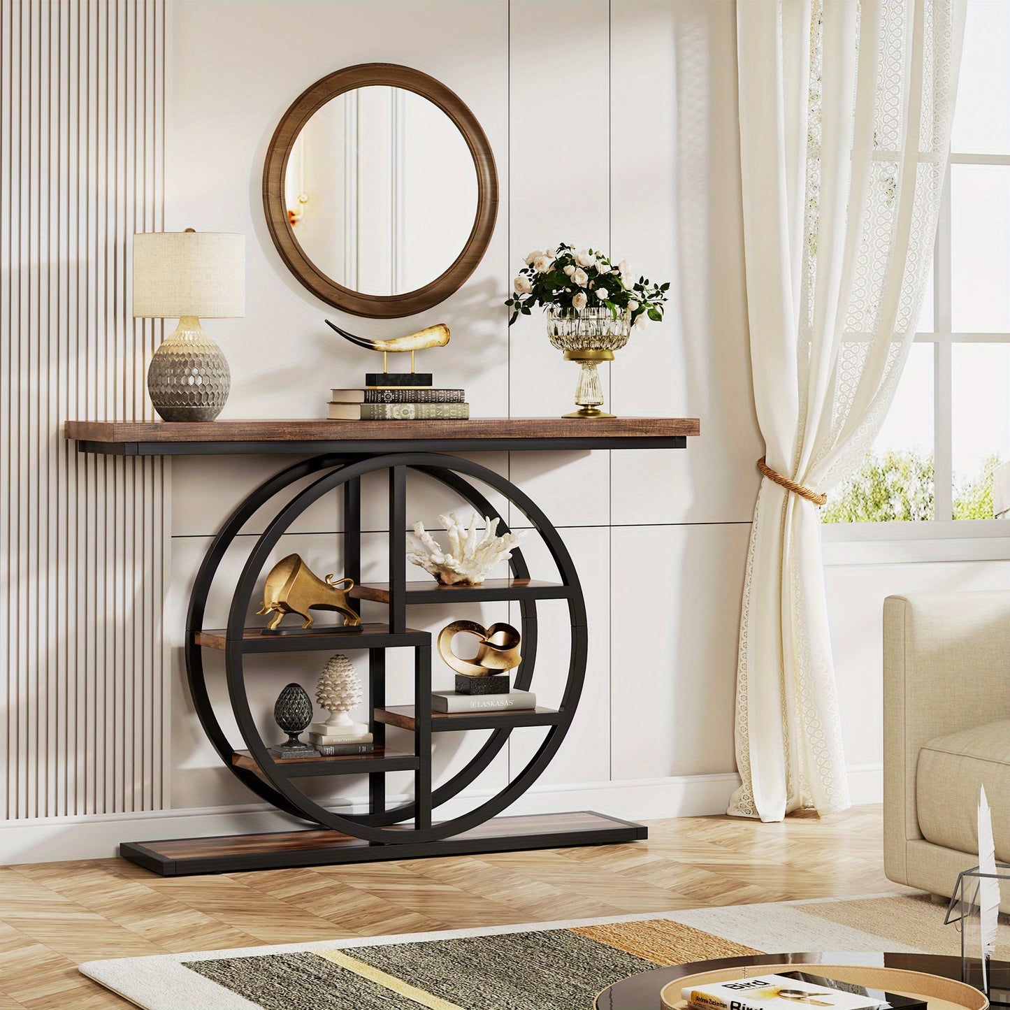 Smalle Rondvormige Haltafel – Sidetable – Opbergtafel – Gangtafel – Halmeubel – Rustiek Bruin – Multi-laags Opbergplanken – Hout & Kunststof – Ruimtebesparend Design