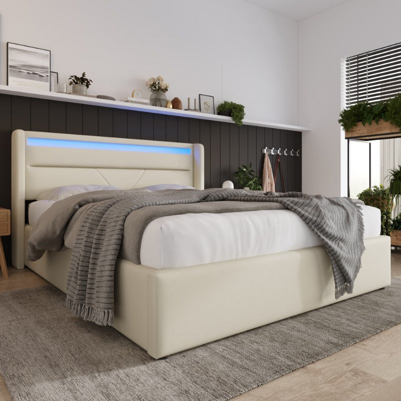 Hydraulisch Opbergbed – Bed Met Matras – Opklapbed – Stalen Bedframe – Tweepersoonsbed 160x200 cm – Klassiek Wit – Ruimtebesparend – Stevige Constructie