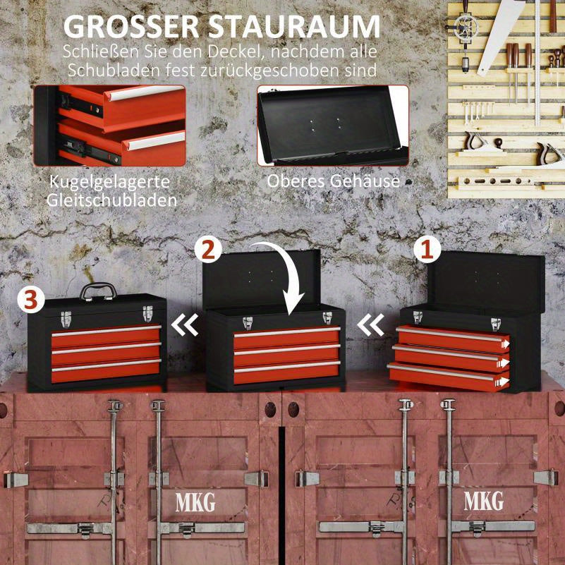 Stalen Gereedschapskist – Gereedschapskoffer – Toolbox – Werkplaatskist – Opbergkist – 3 Lades – Duurzaam Staal – Draagbare Draaggreep