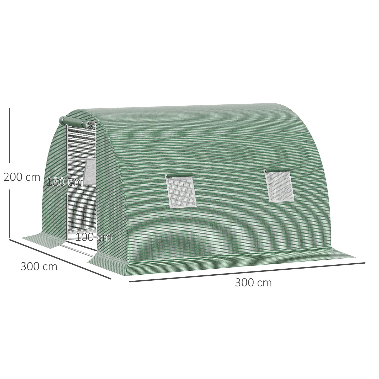 Outsunny Garden Greenhouse Tunnel 9 m² dim. 3L x 3l x 2H m - 4 windows, Roll-up Zippered Door - Tubular Chassis Galvanized Steel, High Density PE Cover Green, Protects Plants From Cold Rain Insects Birds, Ideal For Flowers V