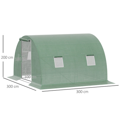 Outsunny Garden Greenhouse Tunnel 9 m² dim. 3L x 3l x 2H m - 4 windows, Roll-up Zippered Door - Tubular Chassis Galvanized Steel, High Density PE Cover Green, Protects Plants From Cold Rain Insects Birds, Ideal For Flowers V