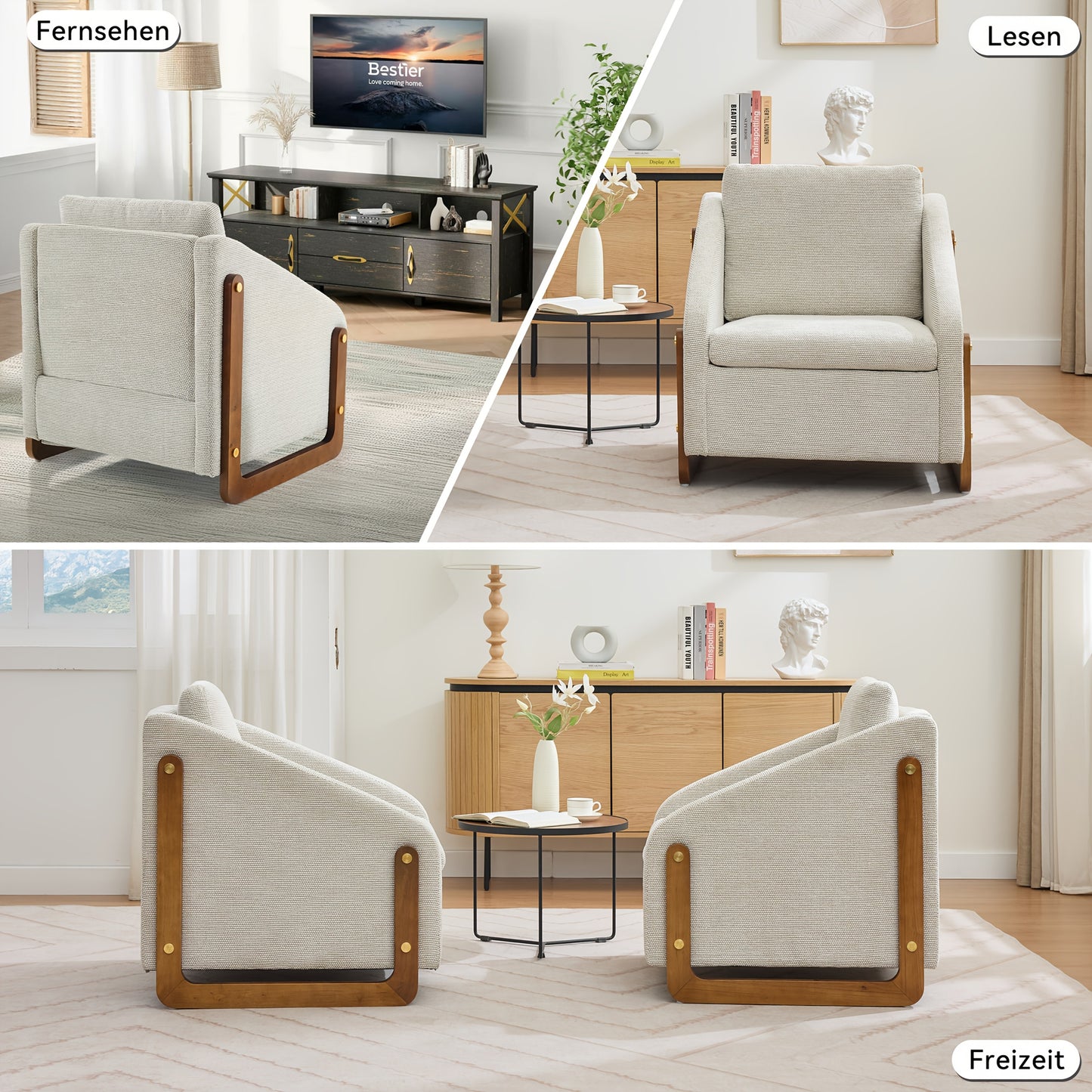 Fauteuil – Accentstoel – Lounge Stoel – Moderne Stoel – Zithoekstoel – Beige Chenille – Houten Armleuningen – Comfortabel Rugkussen