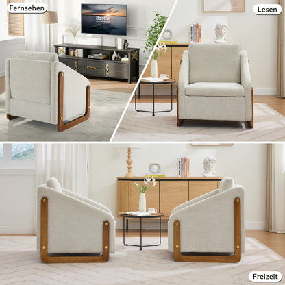 Fauteuil – Accentstoel – Lounge Stoel – Moderne Stoel – Zithoekstoel – Beige Chenille – Houten Armleuningen – Comfortabel Rugkussen