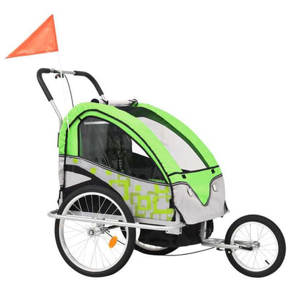 Fietsaanhanger – Kinderwagen – Buggy – Transportwagen – Fietstrailer – 2-in-1 Design Groen Grijs – Roestvrij Stalen Frame – Grote Wielen