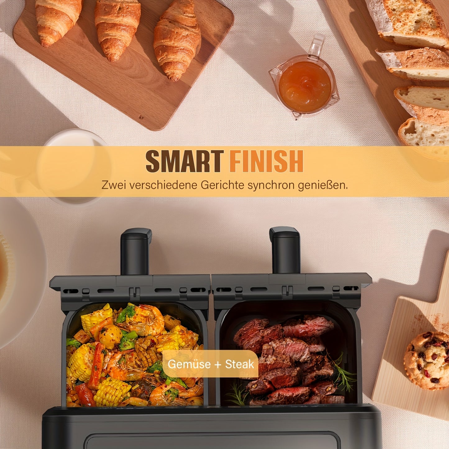 Dual Zone Airfryer – Heteluchtfriteuse – Airfryer Met Dubbele Mand – Gezonde Friteuse – 2 Bakken – 10,5L – Roestvrij Staal – 10 Voorgeprogrammeerde Kookfuncties