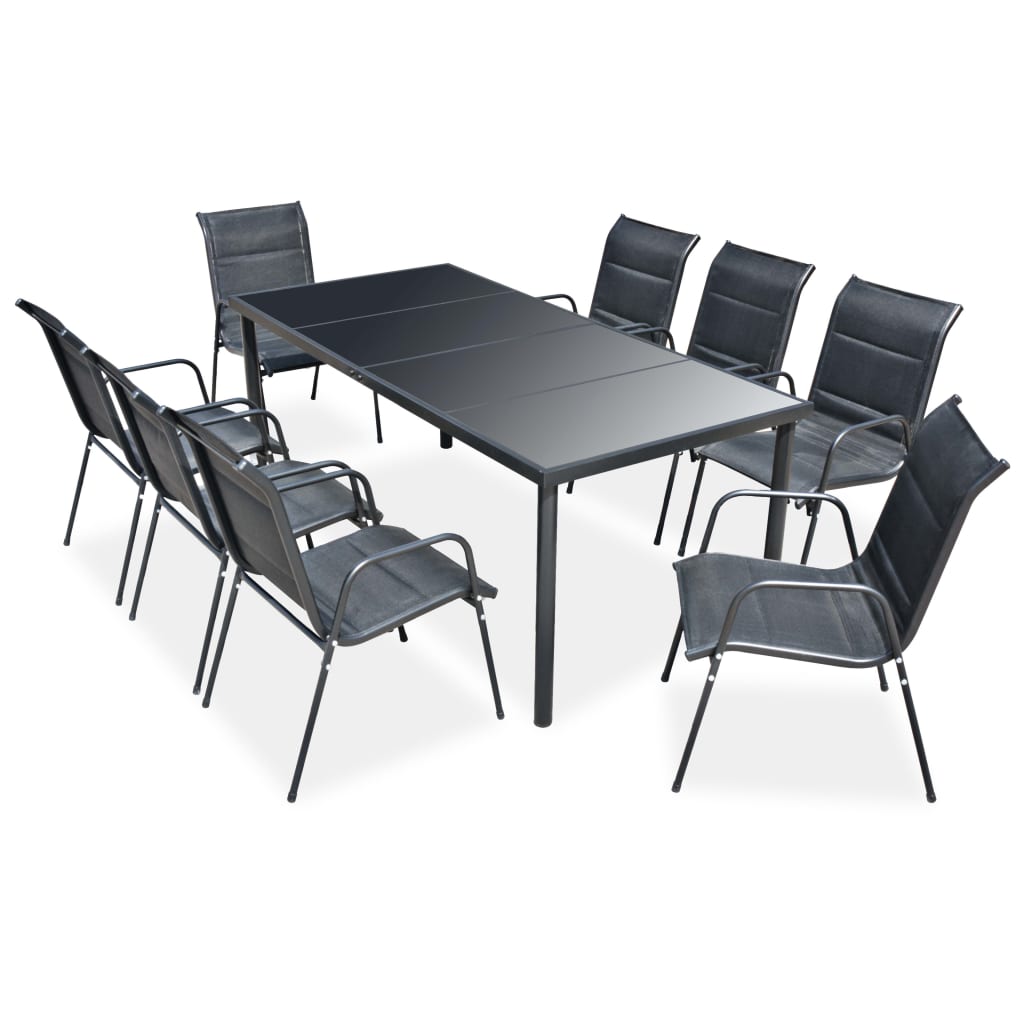 Tuinset – Tuinmeubelset – Buitenmeubilair – Terrasset – Eettafelset Zwart – 8 Stoelen – Gehard Glasblad – Waterafstotende Textielbekleding