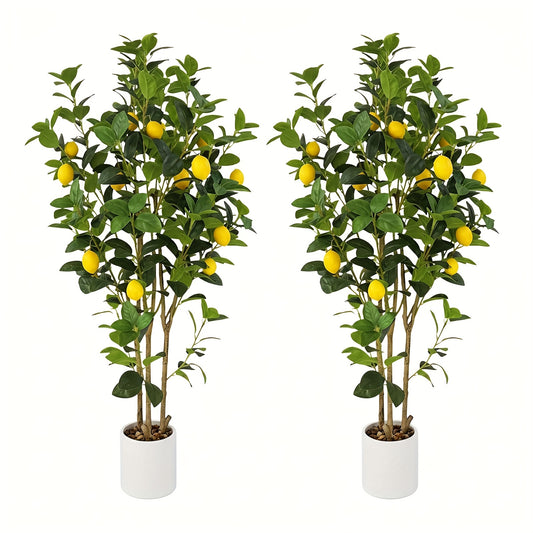 Kunstlemonboom – Nep Citroenboom – Kunstcitroenboom – Kunstplant – Kunstbomen – Set van 2 – 122 cm Hoog – Inclusief Witte Potten