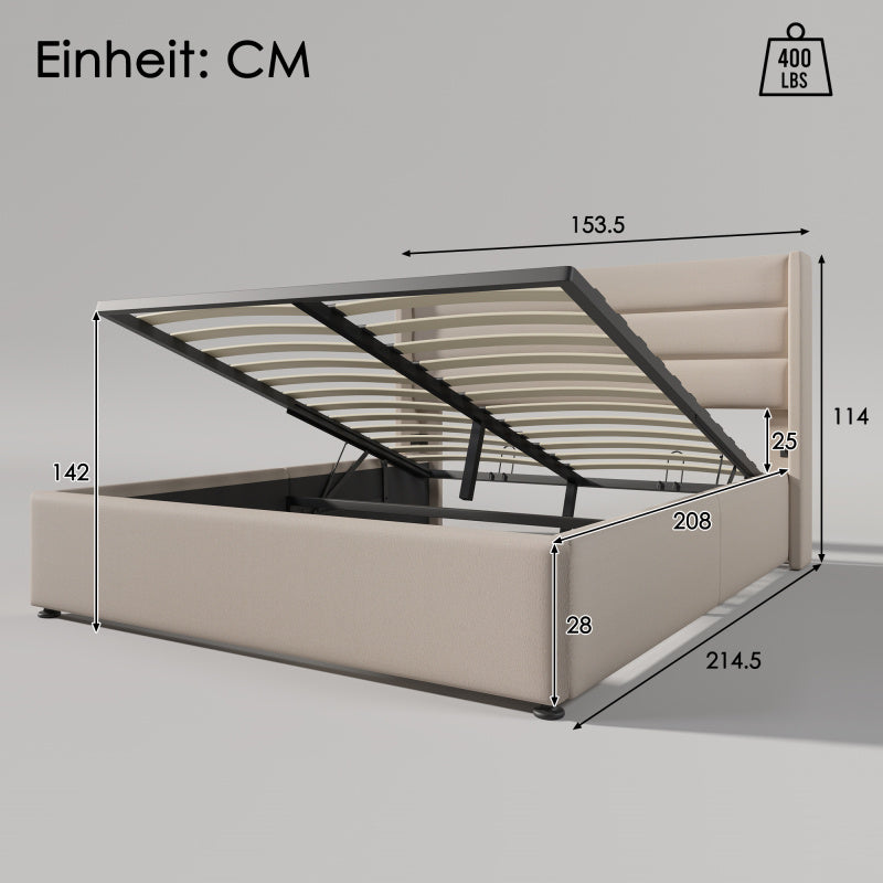 140x200cm Upholstered Hydraulic Storage Bed with Slatted Frame - Modern Retro Double Bed with Metal Frame & Beige Linen Fabric, Space-Saving Design, 181.44KG Weight Capacity, Easy-Clean Surface, No Box Spring Needed, Assembly