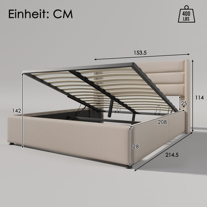 140x200cm Upholstered Hydraulic Storage Bed with Slatted Frame - Modern Retro Double Bed with Metal Frame & Beige Linen Fabric, Space-Saving Design, 181.44KG Weight Capacity, Easy-Clean Surface, No Box Spring Needed, Assembly