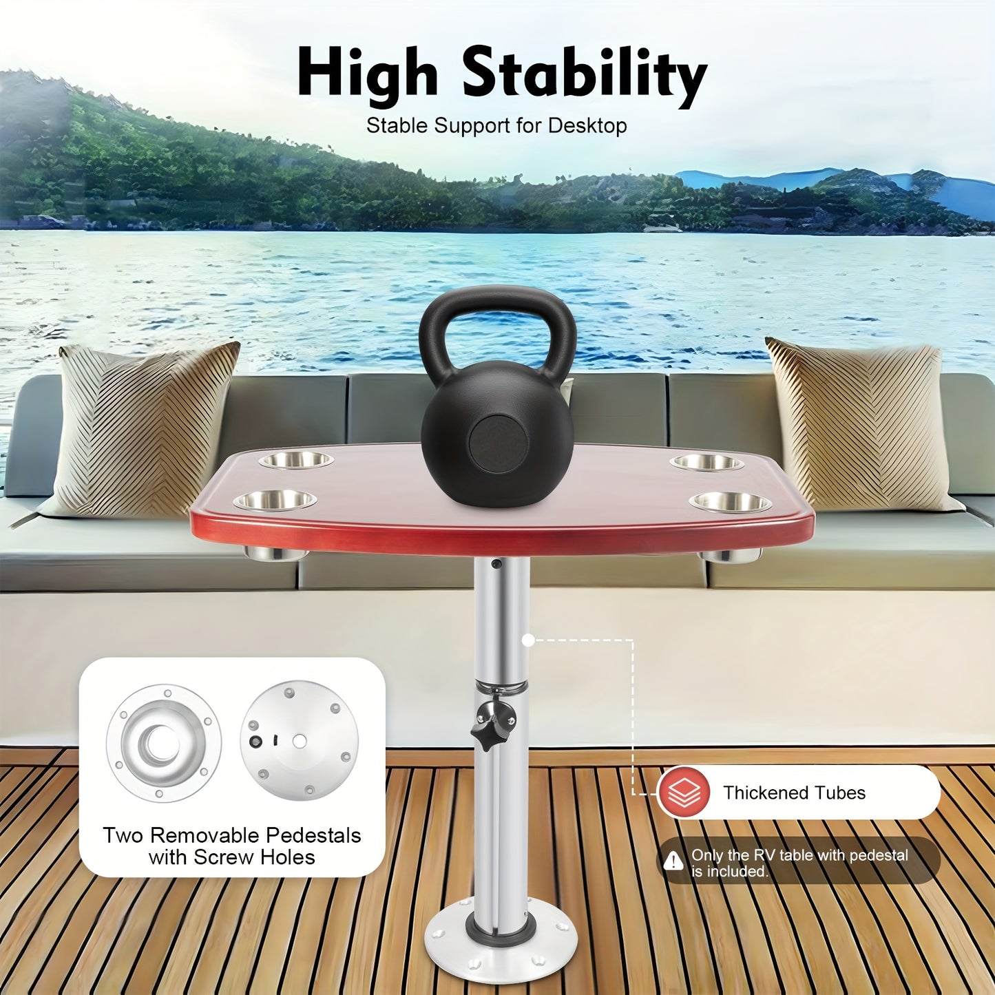 Verstelbare Caravan Tafel – Campingtafel – Campertafel – Boottafel – Yacht Tafel – Massief Hout & Aluminium – 4 Bekerhouders – Draagvermogen 25 KG – Donkerbruin met Zilver