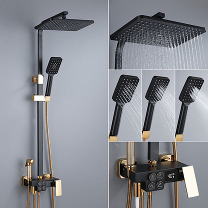 Shower System in Black with a Handheld Shower Head, Bathtub Spout, Wall-Mounted Four-Function Set, And Digital Display System.