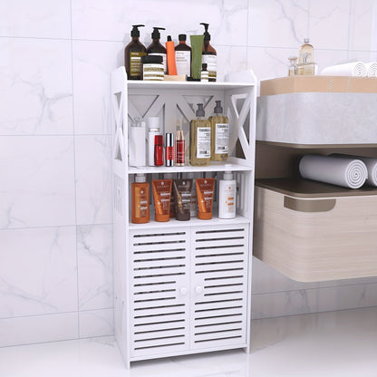 Scandinavian Dual-Door PVC Cabinet - Decorative Cutouts & Multi-Room Organizer for Bathroom/Kitchen/Bedroom [Space-Saving 40x25x90cm, Easy-Clean]