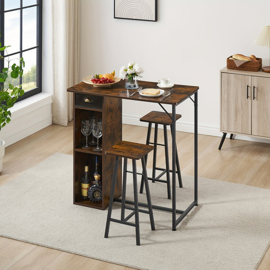 Eettafelset – 3-Delig Tafelset – Eettafel Met Stoelen – Bistroset – Keukentafel Set – Compact Rechthoekig Ontwerp – Opberglade En Planken – Vintage Bruin