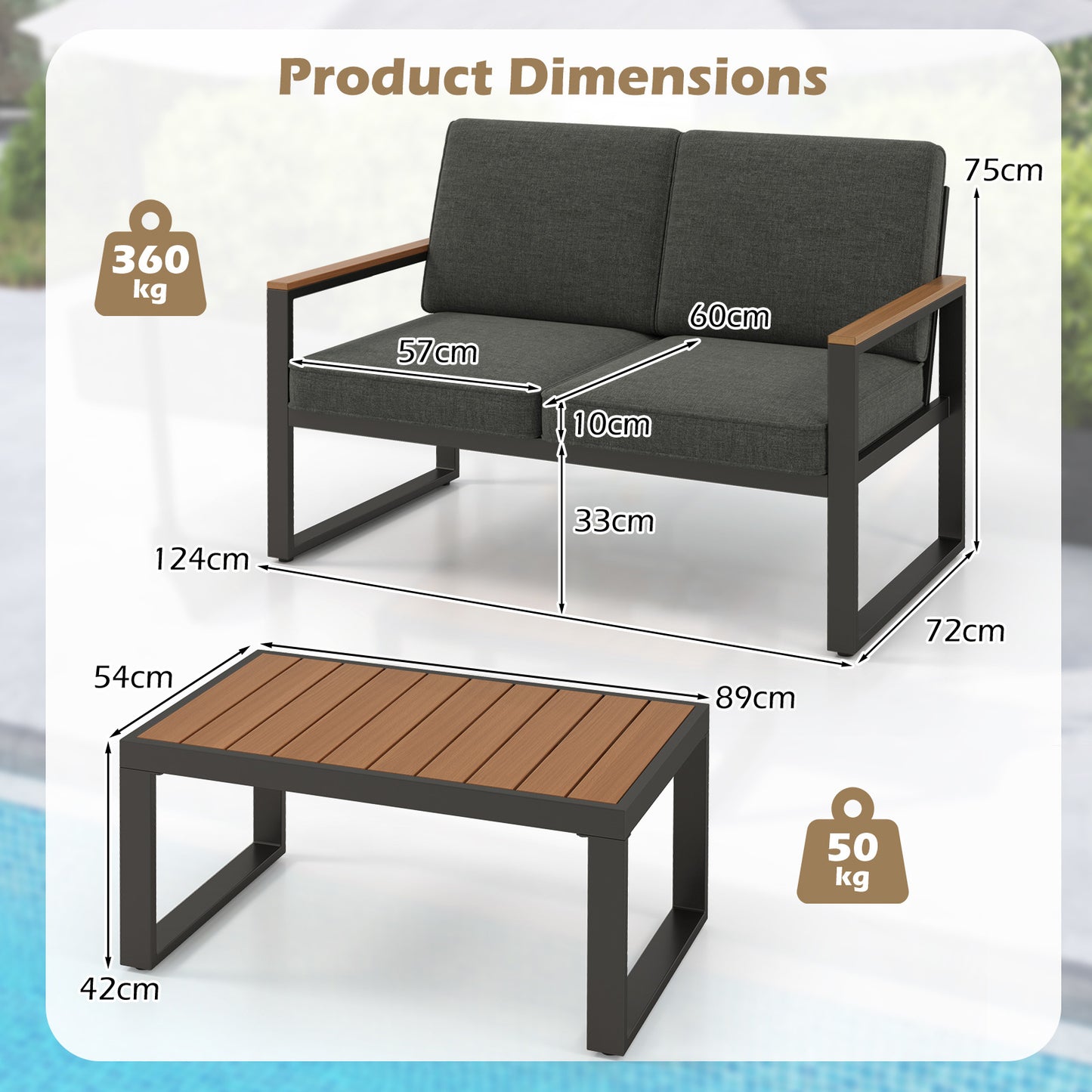 4-delige Loungeset – Tuinmeubelset – Balkonset – Terrasmeubilair – Buitenmeubelset – Aluminium Frame – Hout-Plastic Armleuningen & Tafelblad – Comfortabele Olefin Kussens – Roestvrij & Duurzaam – Grijs