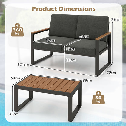 4-delige Loungeset – Tuinmeubelset – Balkonset – Terrasmeubilair – Buitenmeubelset – Aluminium Frame – Hout-Plastic Armleuningen & Tafelblad – Comfortabele Olefin Kussens – Roestvrij & Duurzaam – Grijs
