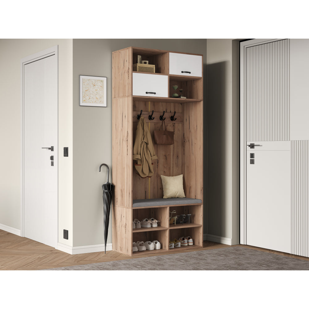 Kapstok – Halmeubel – Garderoberek – Zitbank – Opbergmeubel – 5 Haken – 2 Deuren Met 6 Open Vakken – Natuurlijk Hout Met Wit – 80x185x35 cm