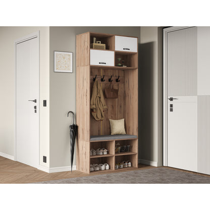 Kapstok – Halmeubel – Garderoberek – Zitbank – Opbergmeubel – 5 Haken – 2 Deuren Met 6 Open Vakken – Natuurlijk Hout Met Wit – 80x185x35 cm