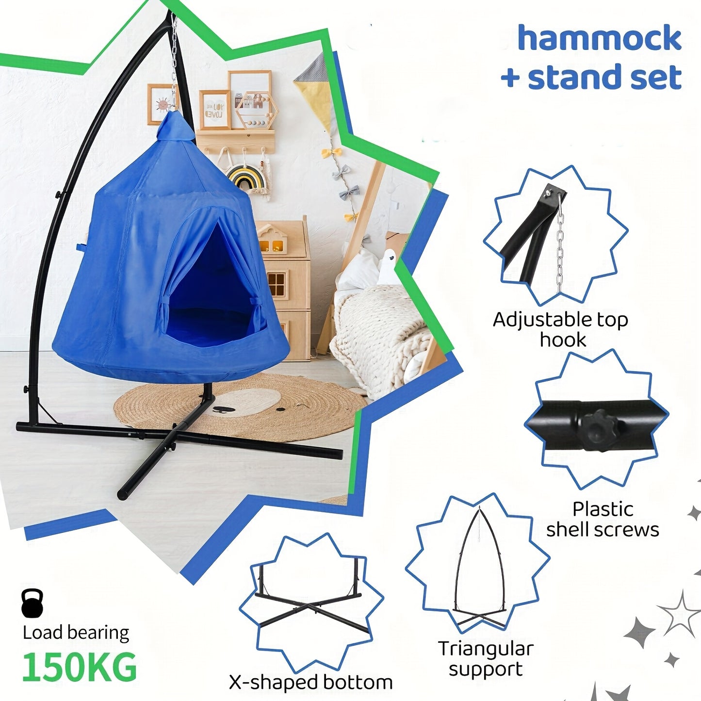 Hangmat voor Katten en Honden – Hangende Tent – Hangstoel – Speeltent – Camping Hangmat – 600D Oxford Waterafstotend – Opblaasbaar Kussen 150kg Draagvermogen – Groen