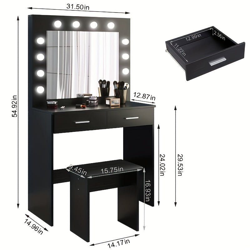 Kaptafel – Make-up Tafel – Schminktisch – Verzorgingstafel – Vanity – Zwart Ontwerp – Twee Grote Laden – Ruime Spiegel – Compact Formaat
