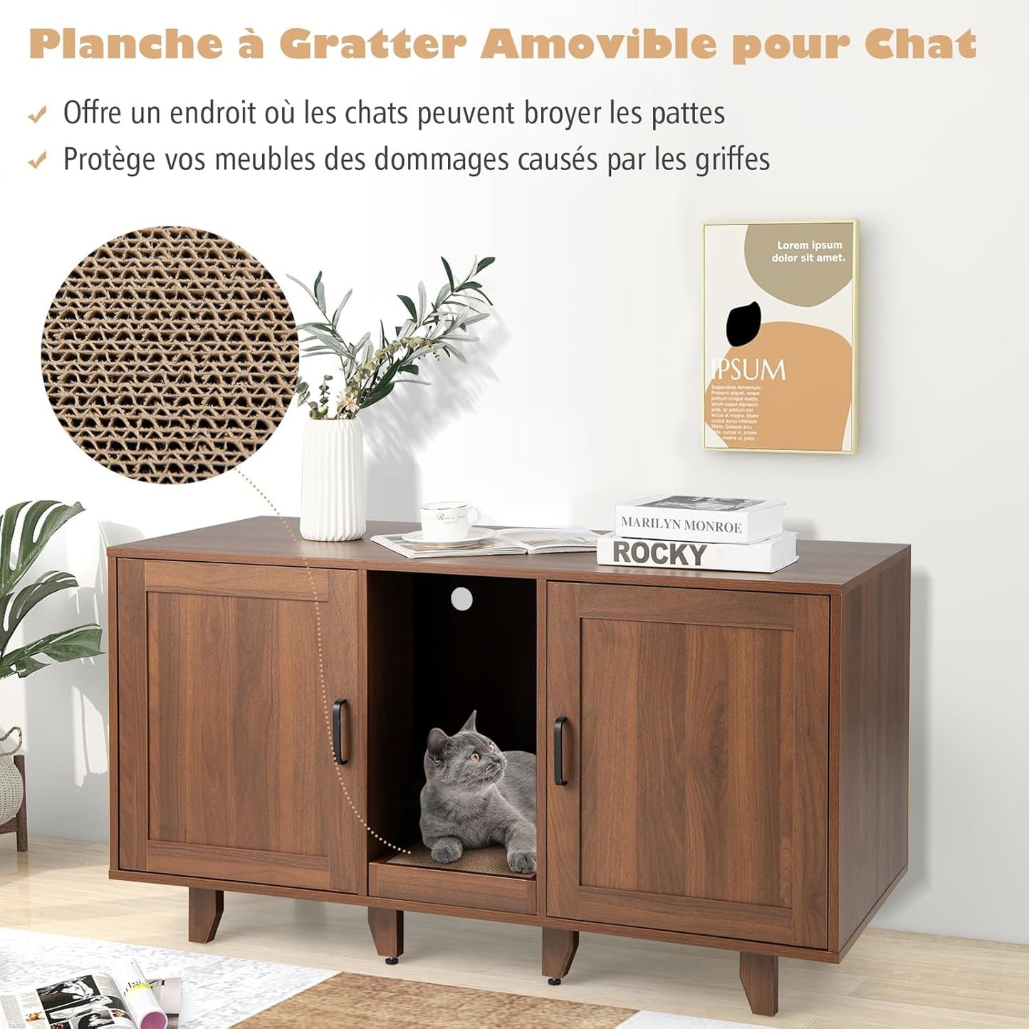 Kattenbak Meubel – Kattenbak Verstopplek – Kattenhuis – Kattenmeubel – Kattenbak Kast – Bruin – Privacy En Gesloten Ontwerp – Inclusief Krabpaal