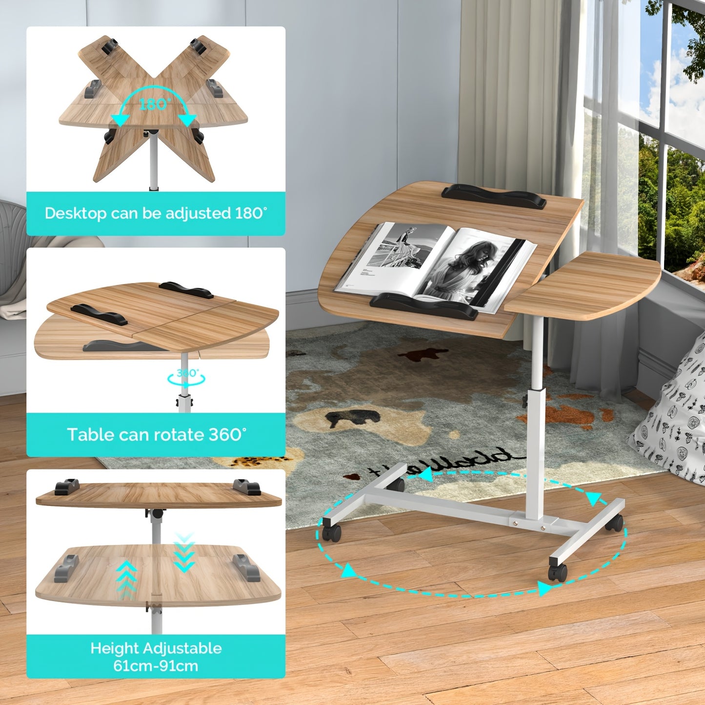 Height Adjustable Mobile Computer Desk, 60x40x61.5-96.5cm Rolling Workstation with Lockable Wheels/Anti-Slip Bars, Portable Laptop Desk for Home Office | Easy to Assemble (Wood Color)